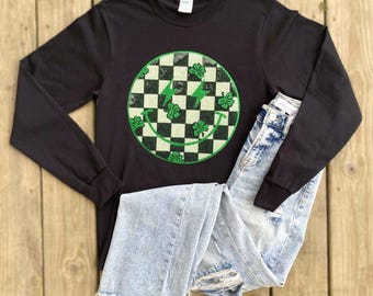 Black Checkered Green Shamrock Smiley Face Sequin Chenille Patch Unisex Long Sleeve Black Tee T-Shirt St. Patty’s Patrick’s Day