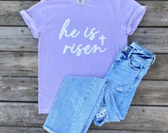 He is Risen White Cross Puff Design Unisex Purple Lilac Orchid Tee Spring Easter Christian Church