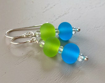Seaglass Textured Lampwork Earrings // Gemstone Accents // OOAK Artisan Glass