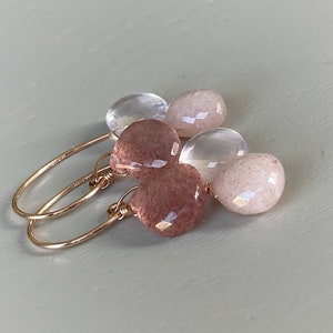 Mixed Gemstone Earrings // Pink Moonstone & Strawberry Quartz Gemstone Earrings // Bohemian Jewelry
