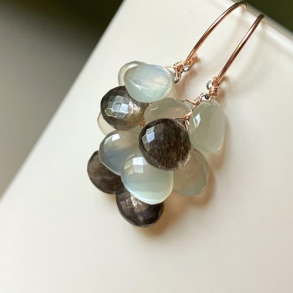 Mixed Moonstone Mixed Metal Gemstone Earrings // Black & Grey Gemstone Earrings // Black Moonstone // Grey Moonstone // Bohemian Jewelry