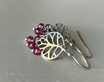 Pink Tourmaline Earrings: Sterling Silver Leaf Charms, Oxidized Boho Jewelry