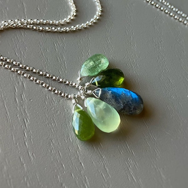 Spring Greens Gemstone Necklace // Labradorite Kyanite Prehnite Vesuvianite Gemstone Necklace // Clover Blue Handmade Jewelry