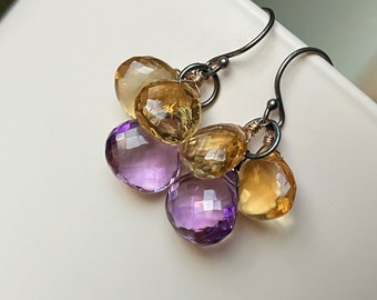 Amethyst & Citrine Gemstone Earrings: Mixed Metal Boho Jewelry