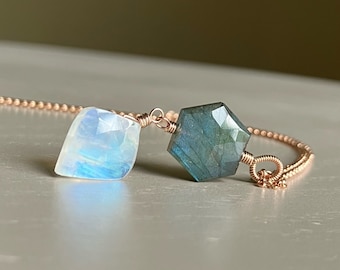Labradorite Moonstone Necklace // Rose Gold Necklace // Clover Blue Jewelry