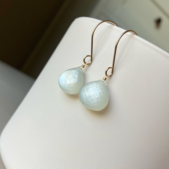 Pale Gray Moonstone Earrings: 14k Gold Filled Dangle Gemstone Jewelry