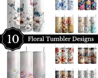 Floral Tumbler Bundle, 10 Tumbler Wrap Designs, Flower Tumbler png Bundle, 20oz Tumbler Wrap Bundle, Sublimation Designs for Skinny Tumblers