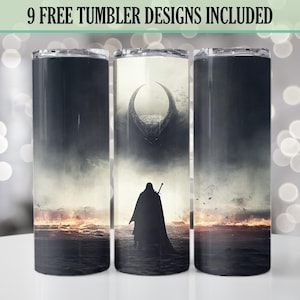May include: Three stainless steel tumblers with a black and white graphic design of a shadowy figure standing in front of a large, dark creature. The background is a hazy, orange and yellow landscape.