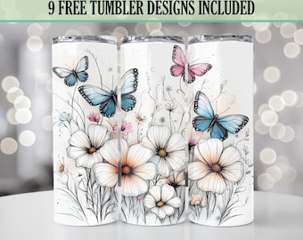 Watercolor Flowers 20oz Skinny Tumbler Wrap, Cottagecore Floral Botanical Tumbler Design, Seamless Sublimation PNG, Digital Download Only.