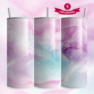 Peut inclure: Trois gobelets en acier inoxydable avec un motif marbré rose, violet et bleu. Les gobelets ont une capacité de 20 onces et sont dotés d'une isolation sous vide à double paroi pour garder les boissons froides pendant des heures.