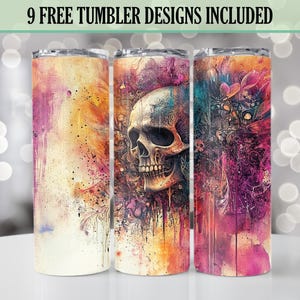 Bunter Schädel Surreal Gothic Skinny Tumbler Wrap, Dark Fantasy Tumbler Design, nahtlose Sublimation PNG, nur digitaler Download