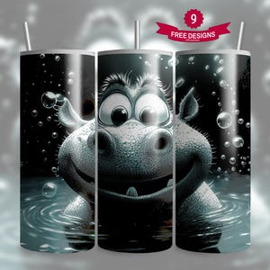 Lindo envoltorio para vaso de hipopótamo de 20 oz, hipopótamo caprichoso con animal divertido con burbujas, estilo de dibujos animados minimalista, solo descarga digital