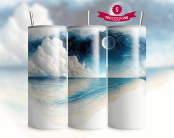 Coastal Beach Tumbler Wrap, 20oz Skinny Straight Tumbler Wrap for Sublimation, Night Beach Seamless Sublimation Design, Digital Download PNG