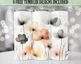 Watercolor Flowers 20oz Skinny Tumbler Wrap, Cottagecore Floral Botanical Tumbler Design, Seamless Sublimation PNG, Digital Download Only.