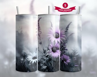 Op de afbeelding: Drie roestvrijstalen bekers met bloemmotieven. De bekers hebben een mistige achtergrond met witte en paarse bloemen. Elke beker heeft een zilveren rietje en een zilveren rand. Een rode banner bovenaan leest "9 FREE DESIGNS".