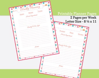 Printable Planner Pages -- Letter Size 8 1/2  x 11 -- 2 Pages per Week -- Zesty Floral Series -- PDF Planner Inserts