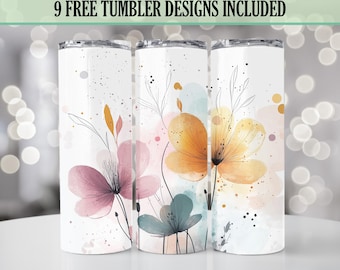 Watercolor Flowers 20oz Skinny Tumbler Wrap, Cottagecore Floral Botanical Tumbler Design, Seamless Sublimation PNG, Digital Download Only.