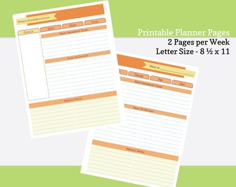 Orange druckbarer Wochenplaner, Wochenziele und Wochenprojekte. Printable Planner Seiten - Letter Format 8 1/2 x 11. PDF Planner Seiten