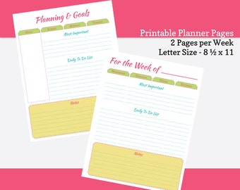 Printable Planner Pages - Letter Size 8 1/2  x 11. Printable Weekly Planner, Weekly Goals, and Weekly Projects.  PDF Planner Inserts