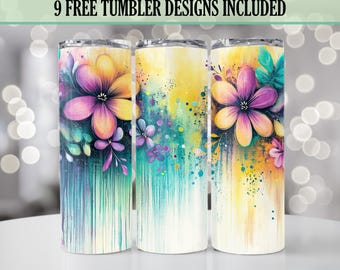 Aquarel bloemen 20oz magere beker wrap, bloemenbotanisch bekerontwerp, naadloze sublimatie png, alleen digitale download.