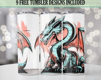 Envoltura para vaso con diseño de fantasía de dragón de acuarela, diseño de vaso delgado de sublimación de 20 oz, descarga digital instantánea, diseño de vaso PNG sin costuras.