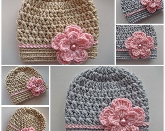 Gray or Beige Baby Girl Beanie with Pink Floral Detail - Handcrafted Crochet Baby Girl Hat with Pink Flower
