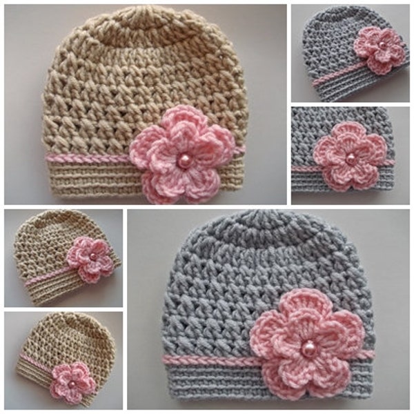 Gray or Beige Baby Girl Beanie with Pink Floral Detail - Handcrafted Crochet Baby Girl Hat with Pink Flower