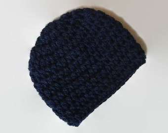 Crochet Simple Baby Boy Hat in Classic Navy Blue - Handcrafted Baby Beanie: Navy Blue Crochet Baby Hat for Boys