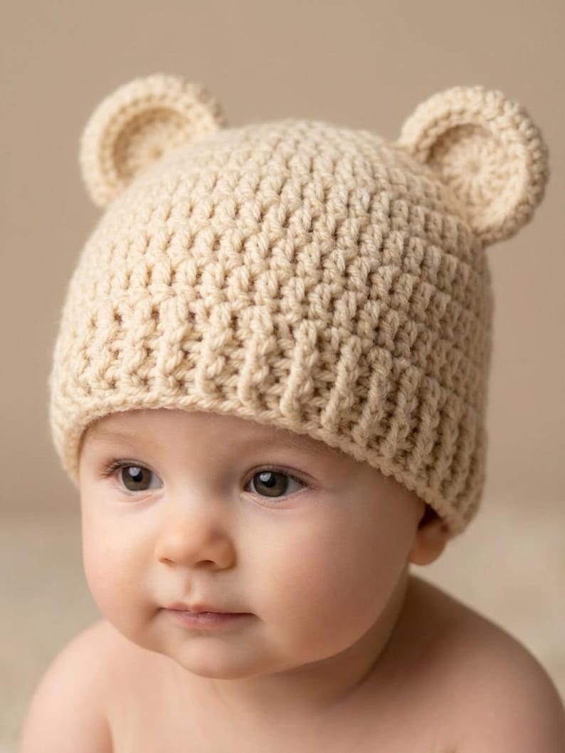 May include: A beige crochet beanie featuring two small, rounded bear ears on top. The hat is crafted with a textured, ribbed stitch pattern that covers the crown and includes a thick, folded brim that sits snugly around the head.