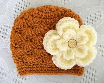 Mustard Baby Girl Beanie with a Cream Flower - Handcrafted Crochet Baby Girl Hat in Mustard with Cream Flower