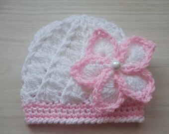 Crochet Baby Girl Hat in White and Pink with Flower - Handmade Baby Girl Hat: Crochet in White and Pink with Lovely Floral Detail