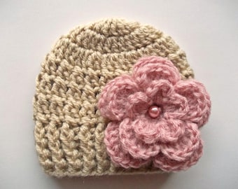 Beige Baby Girl Beanie with Mauve Floral Detail  - Handcrafted Crochet Baby Girl Hat in Beige with Delicate Mauve Flower