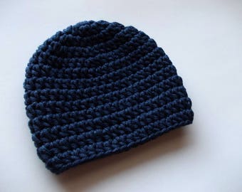 Handcrafted Crochet Cotton Baby Boy Hat in Navy Blue - Navy Blue Baby Boy Beanie - Handmade Crochet Baby Hat in Navy Blue