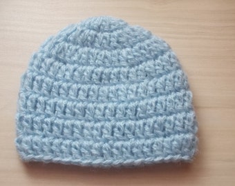 Handcrafted Baby Boy Hat - Luxurious Mohair in Soft Blue - Crochet Baby Boy Mohair Hat in Blue