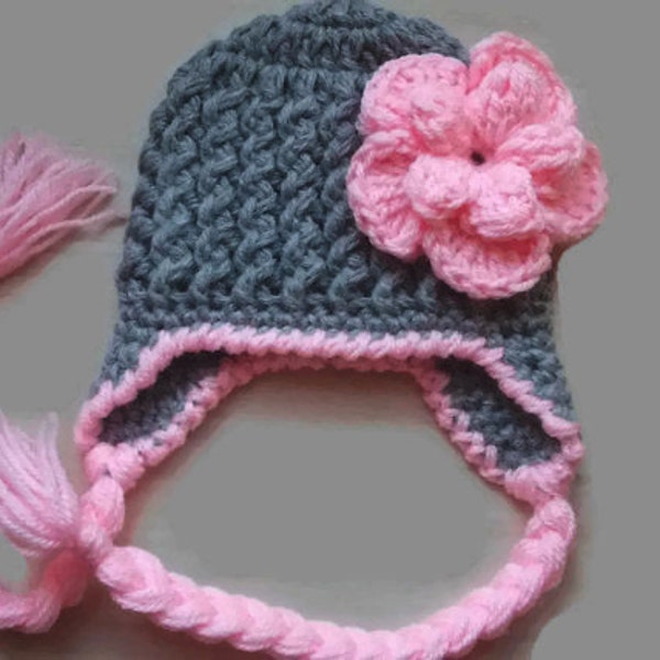 Crochet Baby Girl Earflap Hat - Gray with Pink Flower Accent - Soft and Cozy Baby Earflap Hat - Gray with Delicate Pink Flower