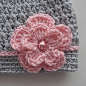 Gray Crochet Baby Girl Hat with Pink Flower Accent - Newborn to 10 Years Sizes Available - Handmade Infant Beanie - Newborn Girl Hat