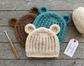 Crochet Bear Hat Pattern - Newborn to Adult Sizes - Bear Beanie Pattern - Easy Bear Hat Crochet Pattern - Crochet Hat PDF Pattern - 8 Sizes