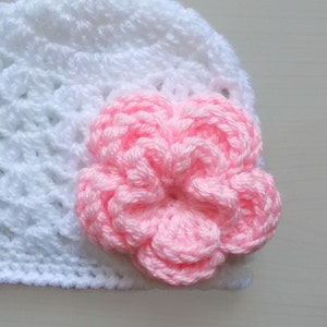 Crochet White Baby Girl Hat with Pink Flower Newborn Photo Prop Handmade Crochet Baby Hat White with Pink Flower image 4