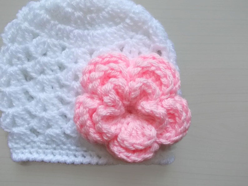 Crochet White Baby Girl Hat with Pink Flower Newborn Photo Prop Handmade Crochet Baby Hat White with Pink Flower image 4