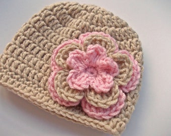 Handcrafted Beige Baby Girl Hat with Pink and Beige Flower - Floral Baby Hat in Beige - Crochet Baby Girl Hat With Flower