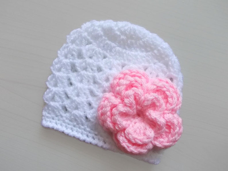 Crochet White Baby Girl Hat with Pink Flower Newborn Photo Prop Handmade Crochet Baby Hat White with Pink Flower image 3