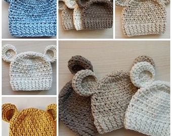 Handmade Crochet Wool Baby Bear Hats - Baby Hats with Ears - Newborn Bear hats - Baby Shower Gift Idea