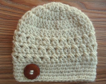 Crochet Wool Baby Boy Hat in Cream with Wooden Button - Newborn and 0-3 Months Sizes