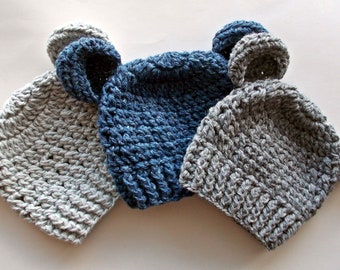 Handmade Wool Baby Bear Hats - Crochet Bear Hats - Baby Hats with Ears - Newborn to Toddler Sizes - Winter Baby Hats