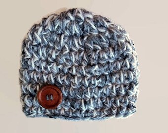 Handcrafted Baby Boy Hat: Crochet Wool in Gray and Cream with Wooden Button