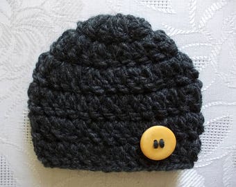 Crochet Wool Charcoal Baby Boy Hat with Button - Cozy and Stylish Infant Beanie - Crochet Newborn Winter Hat