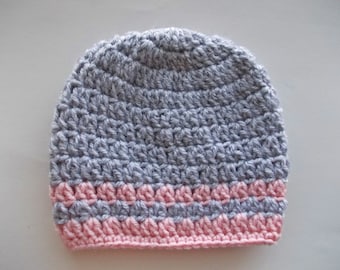 Crochet Baby Girl Hat in Gray and Pink - Handmade Baby Girl Hat: Crochet in Gray and Pink Perfection