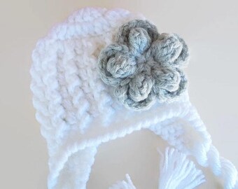 Handmade Crochet Earflap Baby Girl Hat - White with Gray Flower - Cozy Earflap Baby Girl Hat - Crochet White Hat with Chic Gray Flower