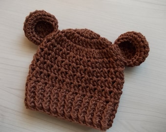 Crochet Cotton Baby Bear Hat in Brown - Handcrafted Brown Baby Bear Hat - Crochet Cotton Baby Hat with Bear Ears