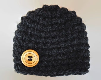 Handcrafted Baby Boy Beanie: Charcoal Crochet Wool Hat with Rustic Button - Crochet Wool Baby Boy Hat in Charcoal with a Wooden Button